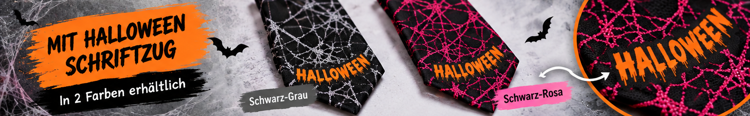 Halloween Krawatten in Schwarz-Rosa und Schwarz-Grau mit Halloween-Schriftzug